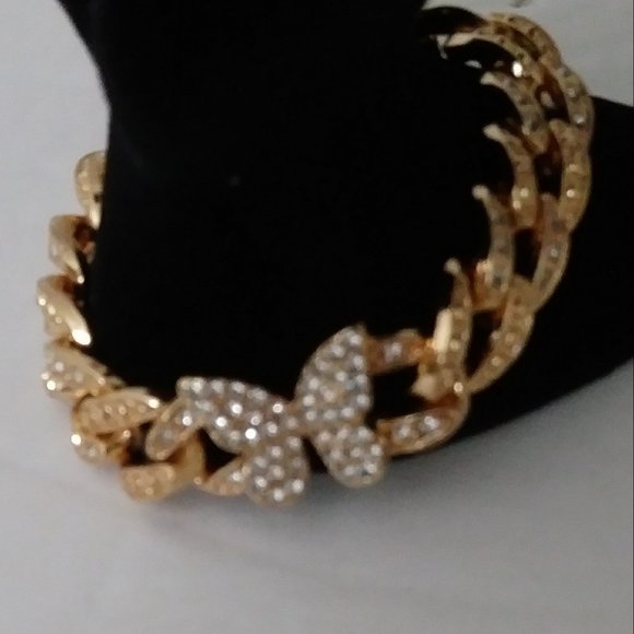 Butterfly Rose Gold Tone Rhinestone Bracelet - Picture 12 of 12